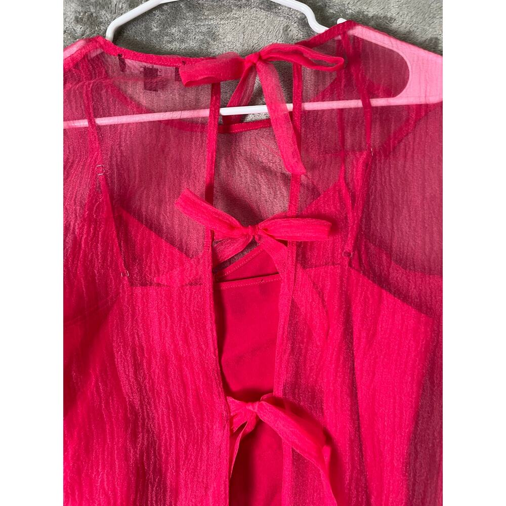 Lulus Hot Pink Sheer Tie Back Blouse Coquette Romantic Feminine Long Sleeve S - Picture 4 of 8
